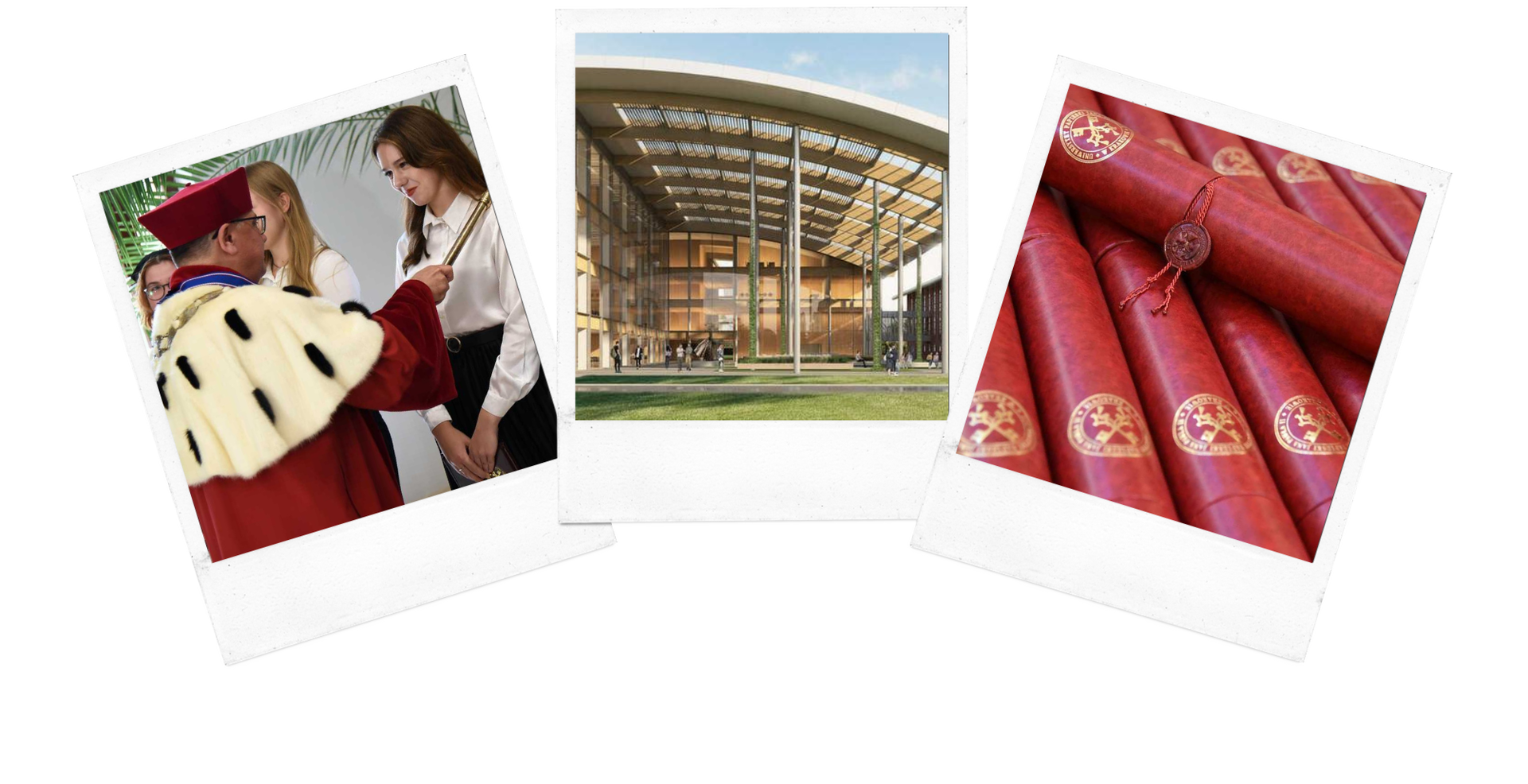 kolaż zdjęć pierwsze - studenci i rektor drugie kampus uniwersytetu trzecie czerwone dokumenty ze złotym logiem uniwersytetu
